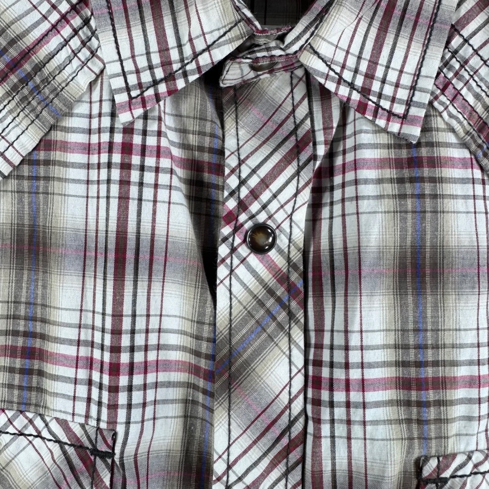 7 Diamonds Afterglow Mens Large Plaid Western Snap Short Sleeve Shirt Tan Red - Picture 5 of 13